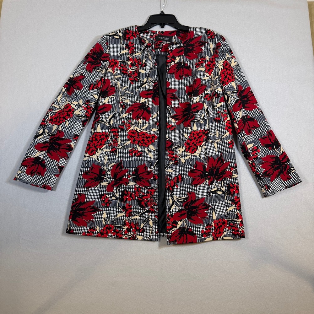 Black Label by Evan-Picone Floral Houndstooth Open Front Jacket Red Black 16